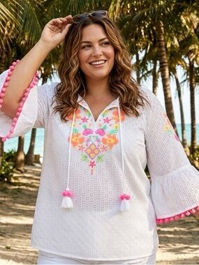 Lilly Pulitzer Morgain Resort White Eyelet Top with Neon Floral Embroidery